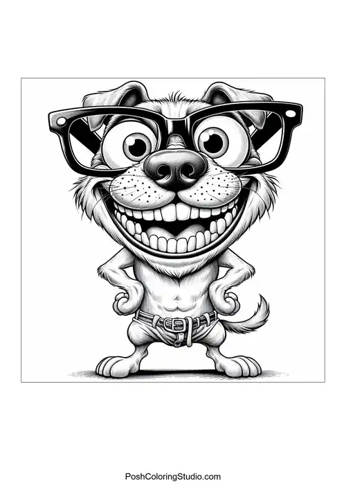 A dog with oversized glasses and a confident pose.