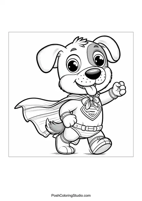 A superhero dog in a cape smiling confidently.