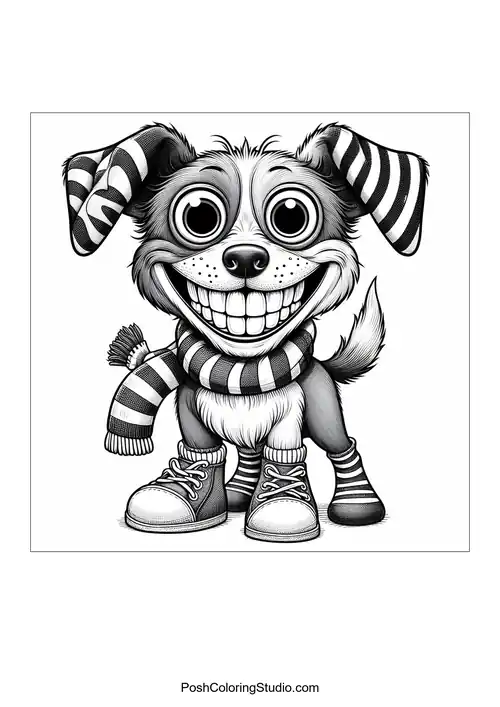 A puppy sitting with a playful expression and wagging tail.