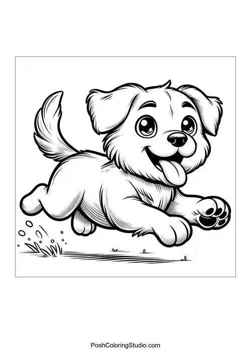 A puppy running happily with its tongue out.