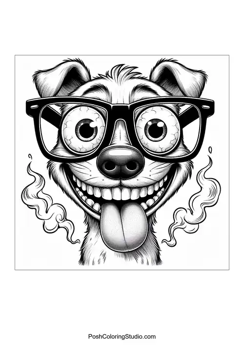 A goofy dog wearing oversized glasses and grinning widely.