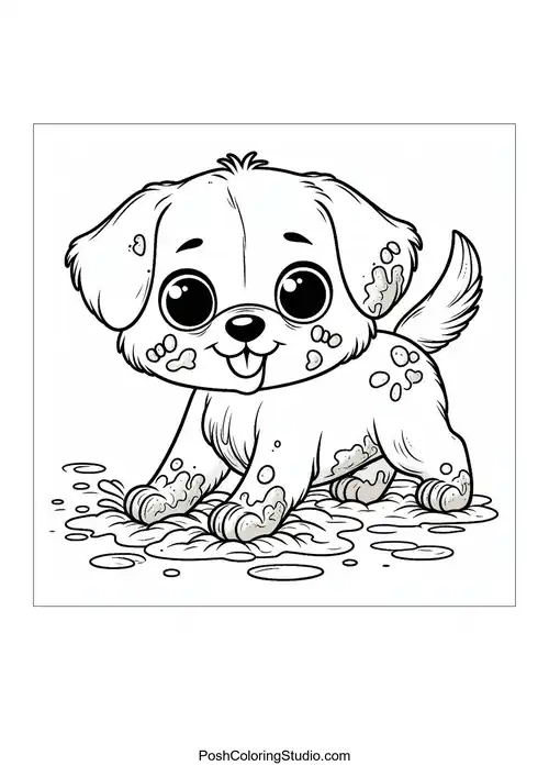 A playful puppy covered in mud with a happy expression.
