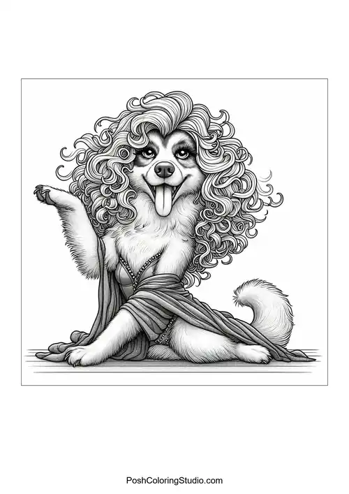 A glamorous dog with curly fur posing in a playful manner.