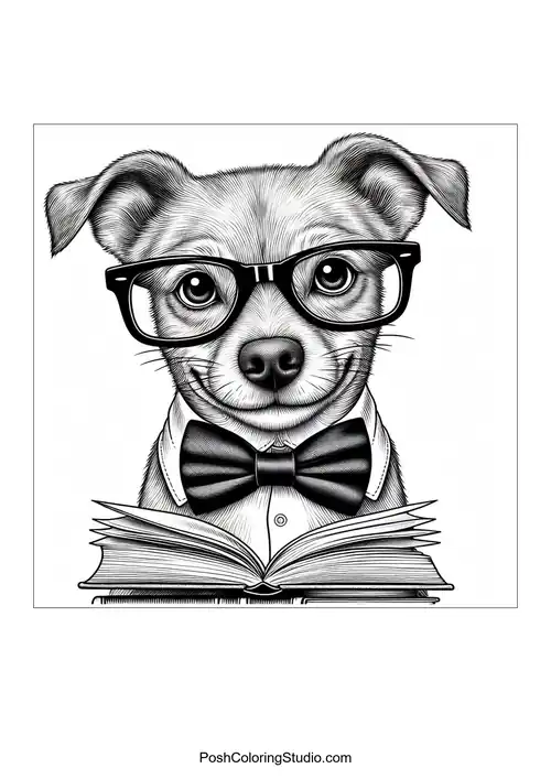 A dog wearing glasses and a bowtie, reading a book.