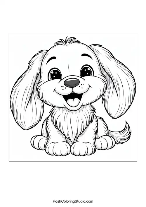 A cute puppy sitting with a joyful expression.