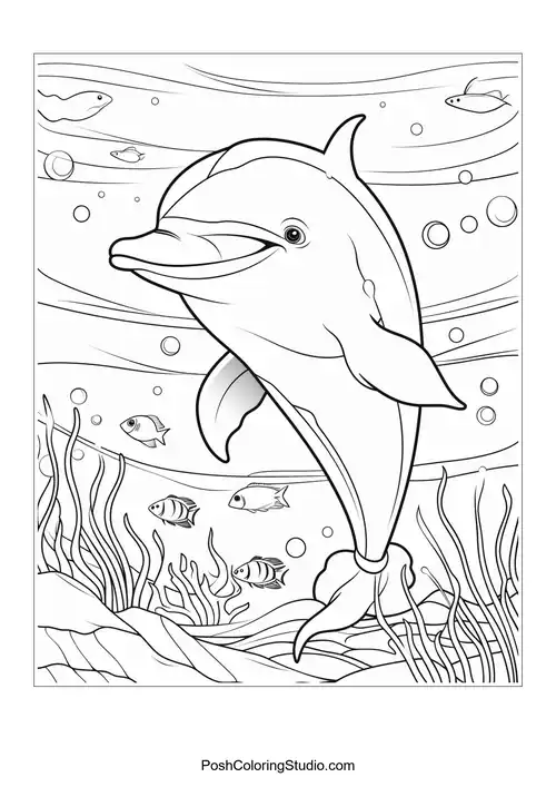 A dolphin swimming with a playful demeanor and bubbles.