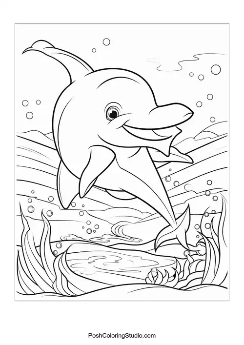 A dolphin swimming with a big smile and bubbles around.