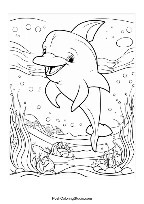 A dolphin leaping joyfully with bubbles and fish around.