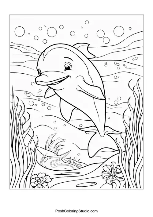 A dolphin swimming happily with a backdrop of seaweed.