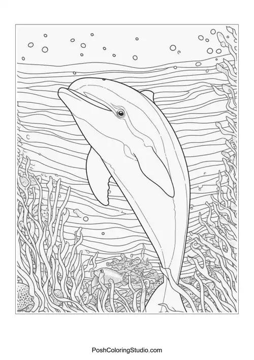 A dolphin swimming with a joyful expression and bubbles.