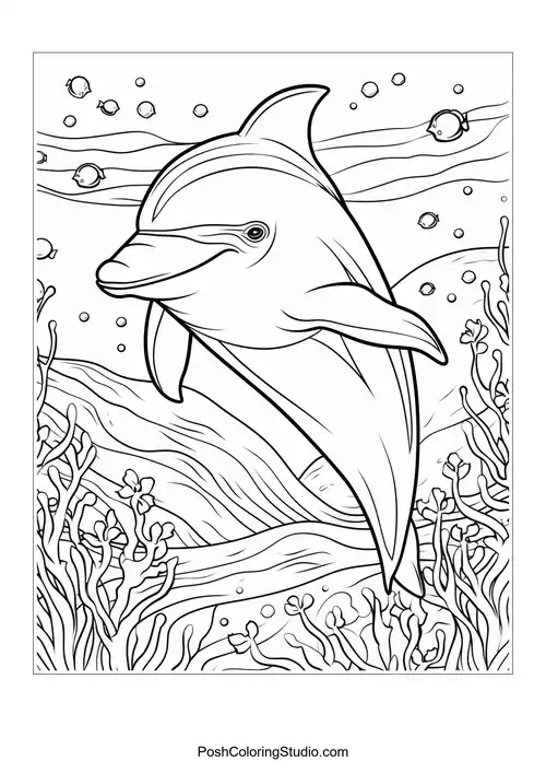 A dolphin swimming with a playful demeanor and fish nearby.