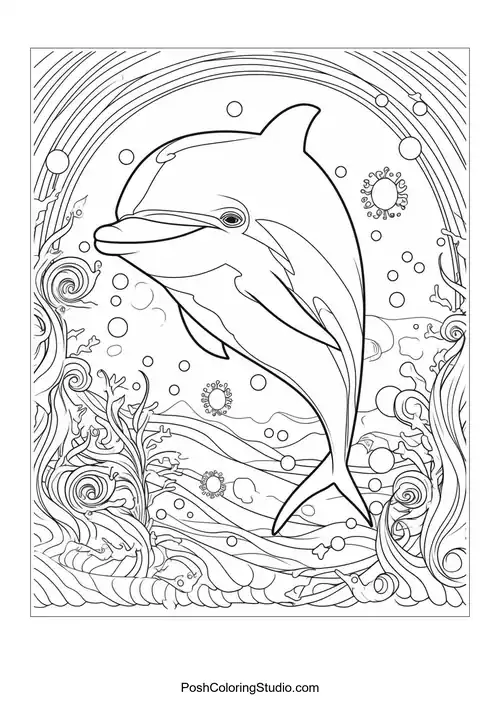 A dolphin swimming happily with a backdrop of seaweed.