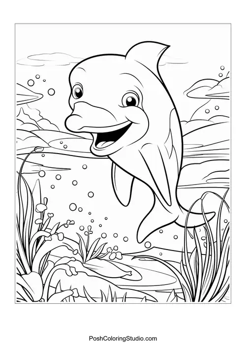 A dolphin leaping with a joyful expression above water.