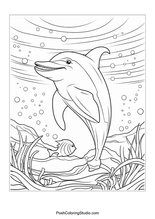 A dolphin swimming with a big smile and fish nearby.