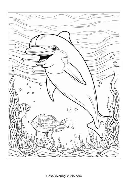 A dolphin swimming happily with a backdrop of seaweed.