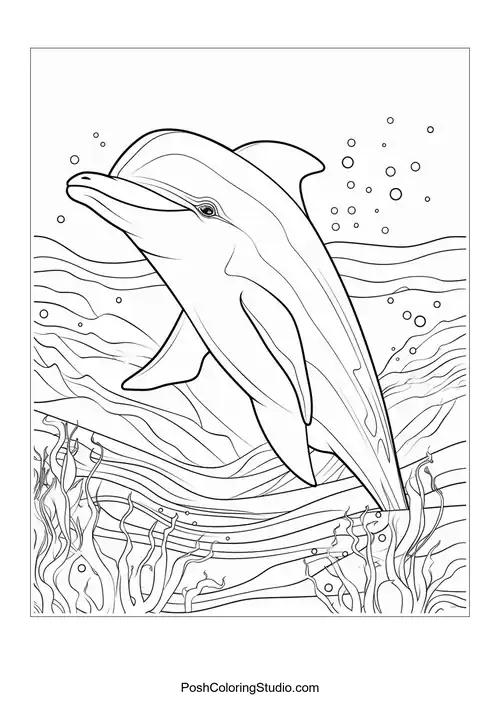 A dolphin swimming joyfully with bubbles and fish around.