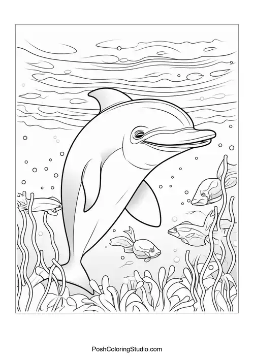 A dolphin swimming happily with a backdrop of seaweed.