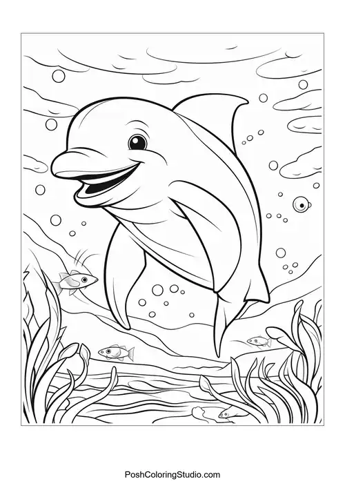 A dolphin swimming with a playful demeanor and fish nearby.