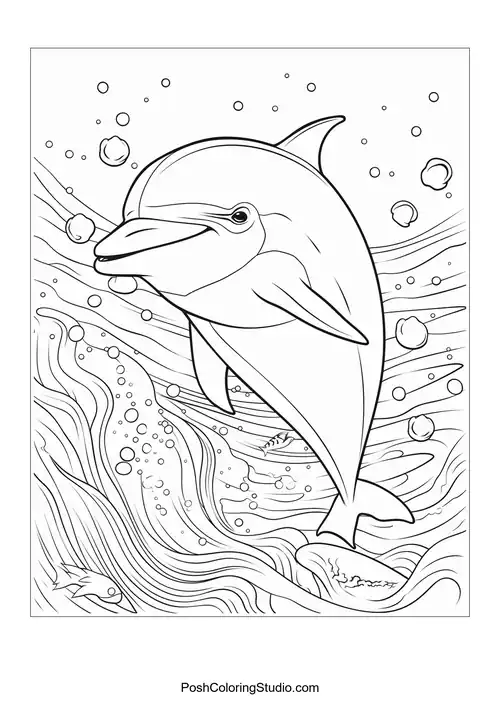 A dolphin swimming joyfully with bubbles and fish around.
