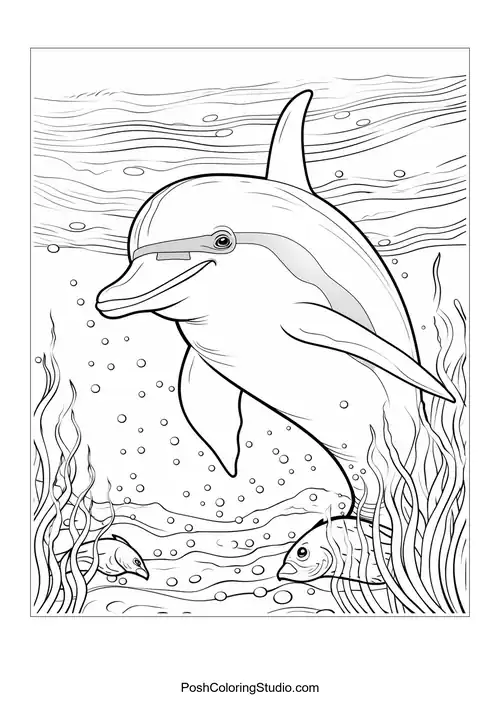 A dolphin swimming with a joyful expression and bubbles.