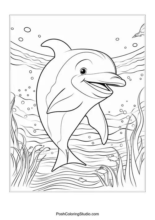 A dolphin swimming happily with a backdrop of seaweed.