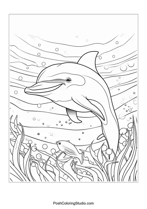 A dolphin swimming with a big smile and fish nearby.