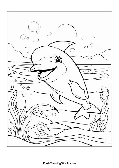 A dolphin swimming happily with a backdrop of seaweed.