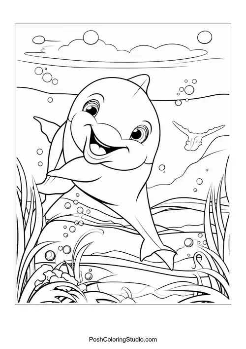 A dolphin swimming with a joyful expression and bubbles.
