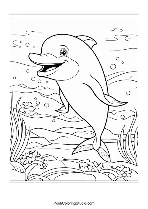 A dolphin swimming joyfully with bubbles and fish around.