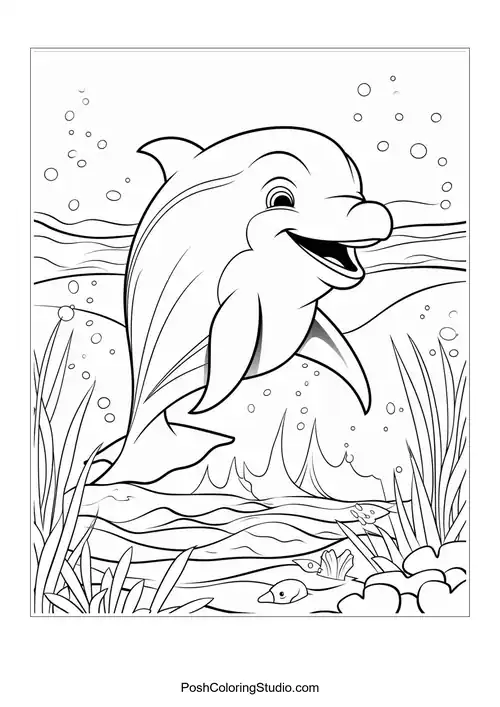 A dolphin swimming through underwater plants and bubbles.