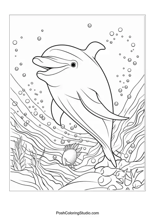 A dolphin swimming with a big smile and fish nearby.