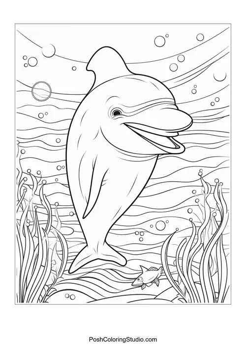 A dolphin swimming happily with a backdrop of seaweed.