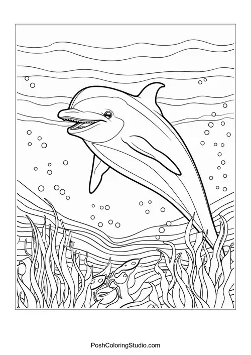 A dolphin swimming joyfully with bubbles and fish around.