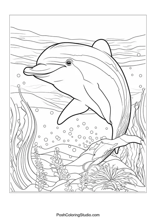A dolphin swimming with a joyful expression and bubbles.