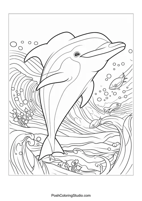 A dolphin swimming happily with a backdrop of seaweed.