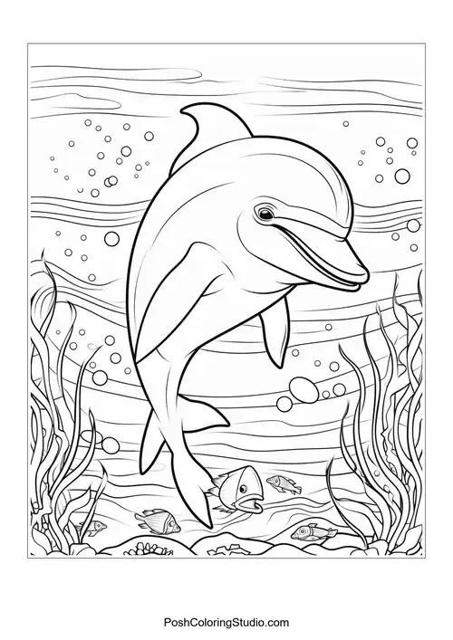 A dolphin swimming joyfully with bubbles and fish around.