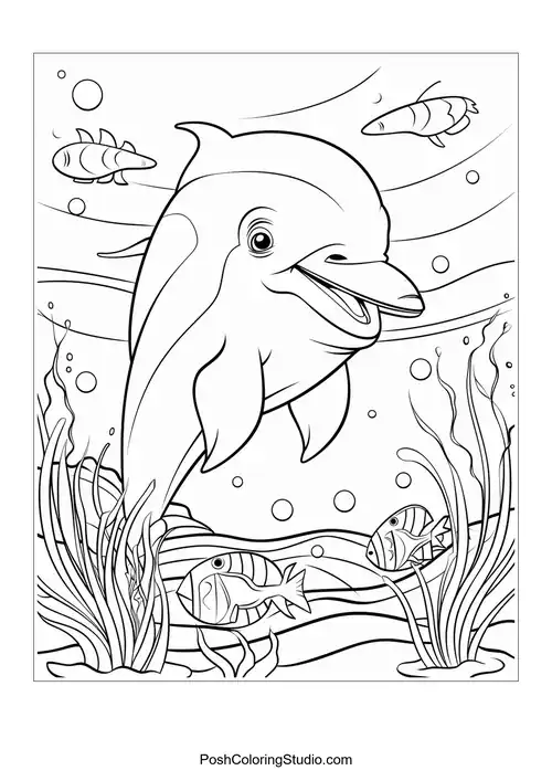 A dolphin swimming with a big smile and fish nearby.