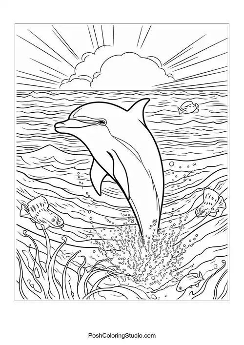 A dolphin leaps above the waves with fish swimming nearby.