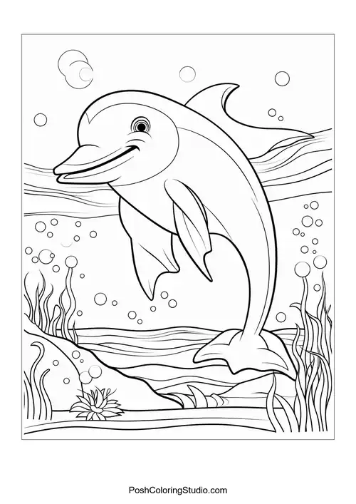 A smiling dolphin swims among bubbles and seaweed.