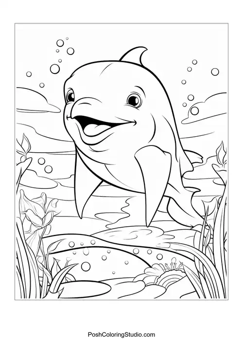 A cheerful dolphin swims with a backdrop of aquatic plants.