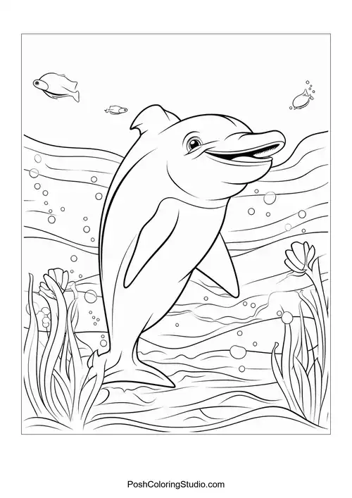 A dolphin smiling while swimming near colorful coral.