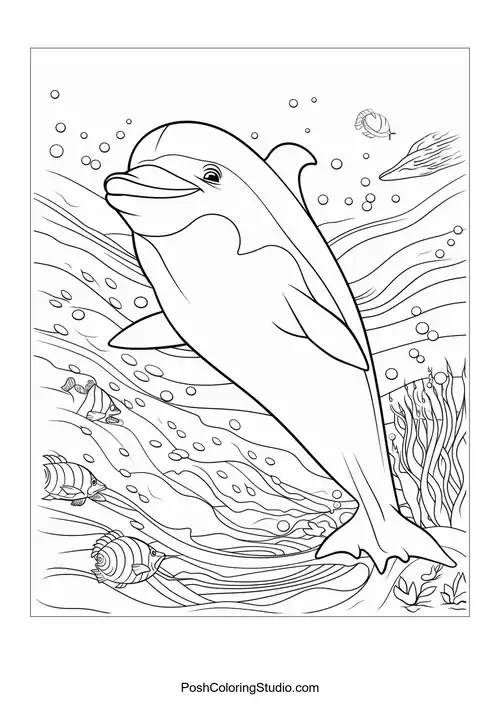 A dolphin swimming joyfully with fish in the background.