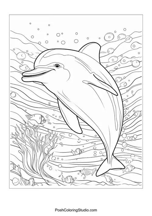 A dolphin swimming among seaweed and small fish.