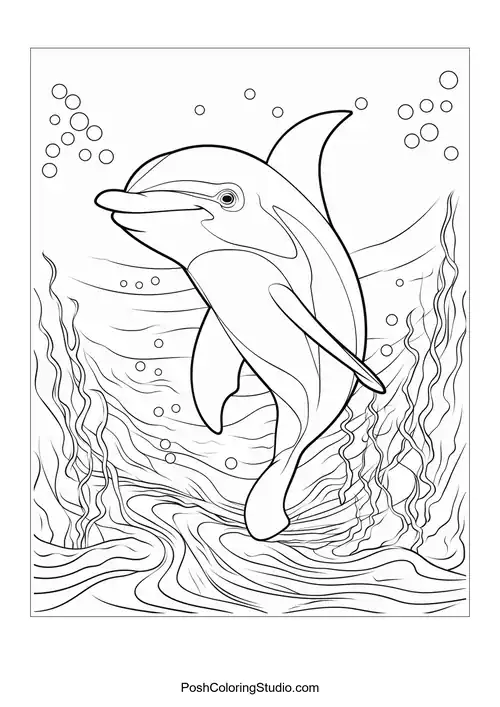 A dolphin swimming happily with a backdrop of bubbles.
