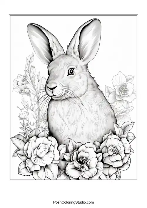 A rabbit's face surrounded by a variety of flowers.