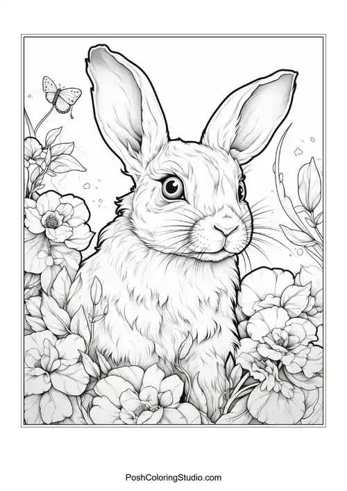 A rabbit with a floral background and a thoughtful look.