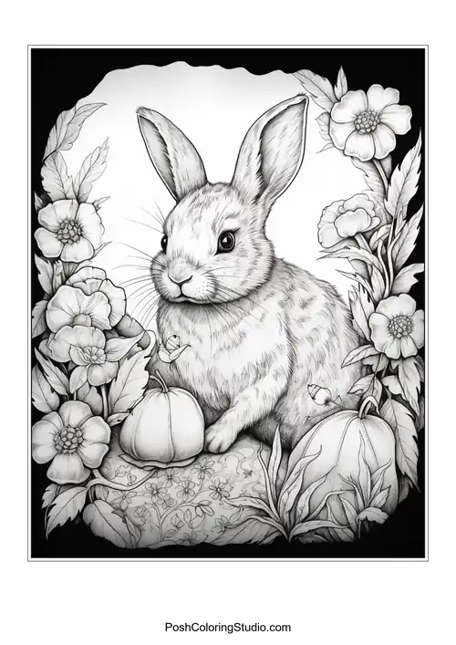 A rabbit nestled among flowers with a serene expression.
