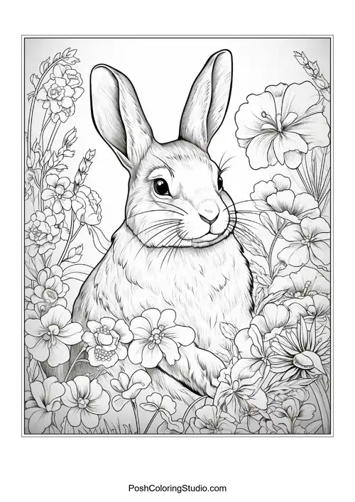 A rabbit with decorative eggs and flowers around it.