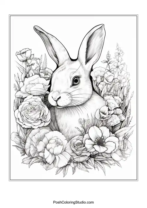 A rabbit surrounded by flowers and a decorative egg.