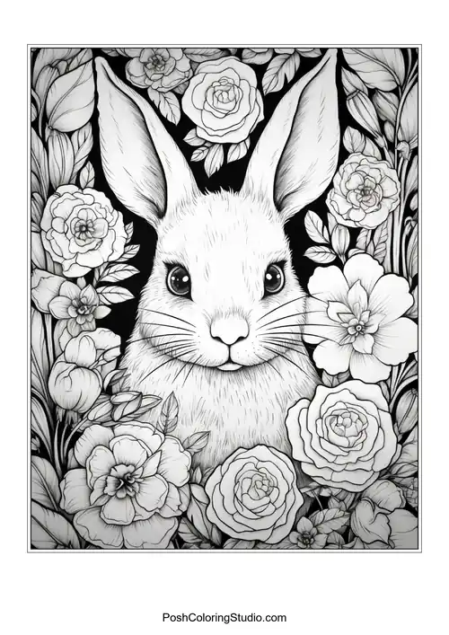 A rabbit with a floral crown and detailed features.